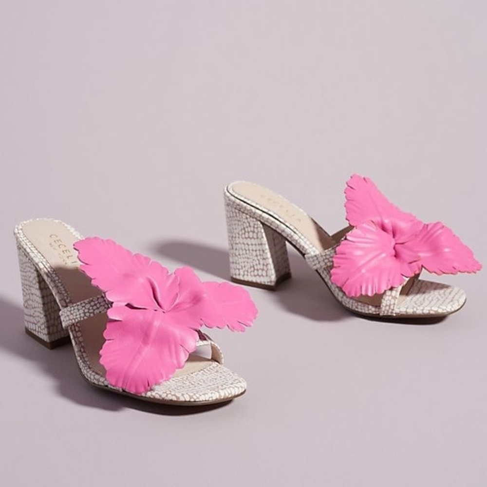 🆕{CECELIA NEW YORK} Hibiscus Leather Block Heel Slide Sandals